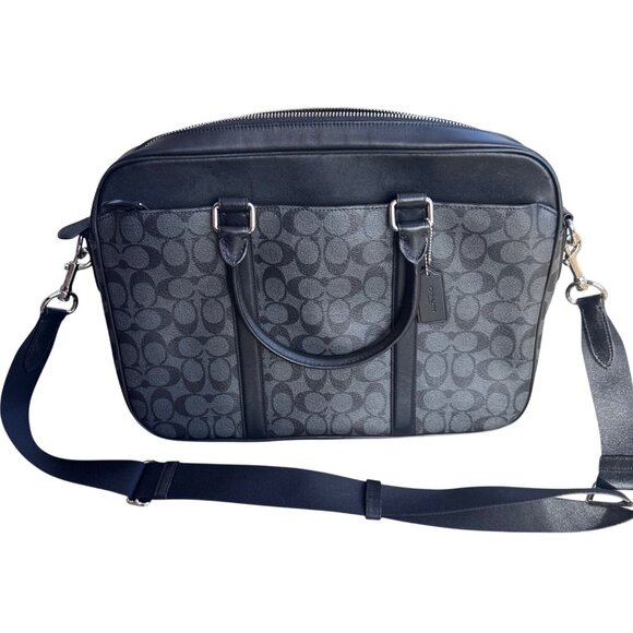 Coach Mens Signature Canvas Briefcase With Detachable Strap Leather Trim Handbag